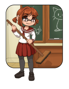 Ohayocon mascot Lindsay holds a broom in front of a chalkboard which has a drawing of a cat.