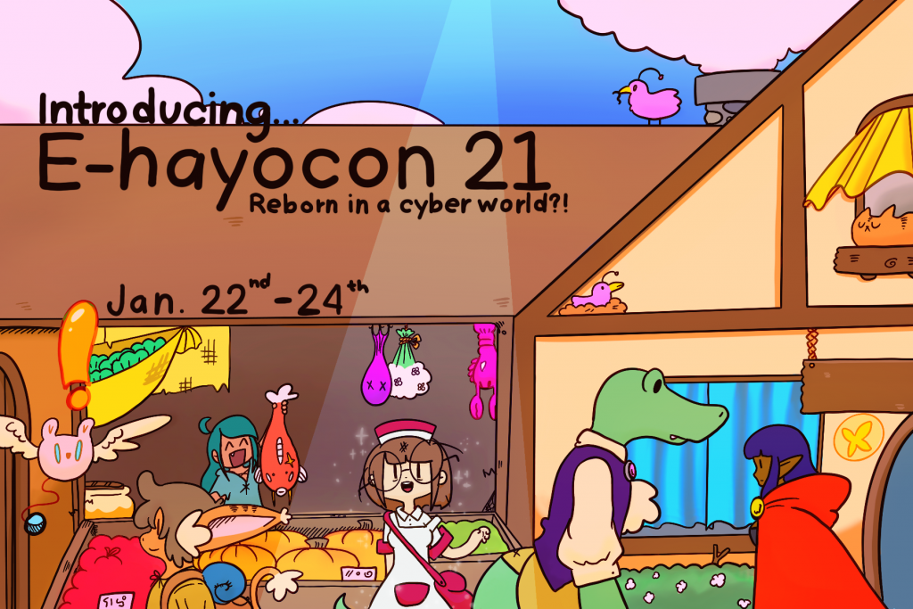Ohayocon mascot Lindsay Howard stands in a bustling virtual marketplace complete with fish vendor, aristocratic crocodile, dark elf, and foxgirl.