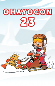 The cover of the Ohayocon 23 program book. Lindsay drives a snowmobile with her cat in a winter wonderland.