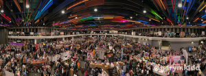 Overhead, fisheye view of the Dealer Room at Ohayocon 2023