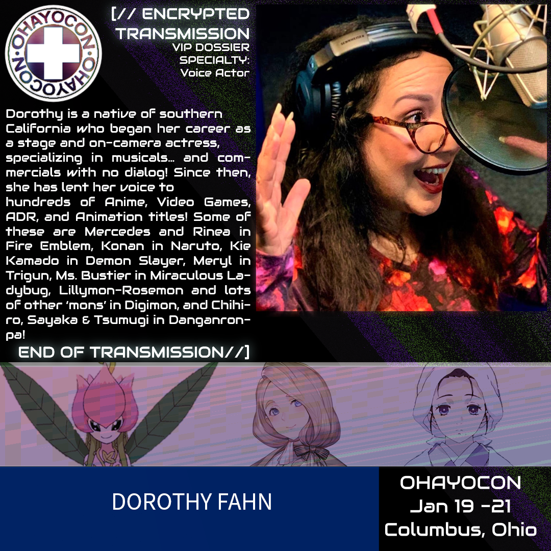 A promotional image for Dorothy Fahn. Mercedes from Fire Emblem: Three Houses, Lillymon from Digimon, and Kie Kamado from Demon Slayer are pictured. 