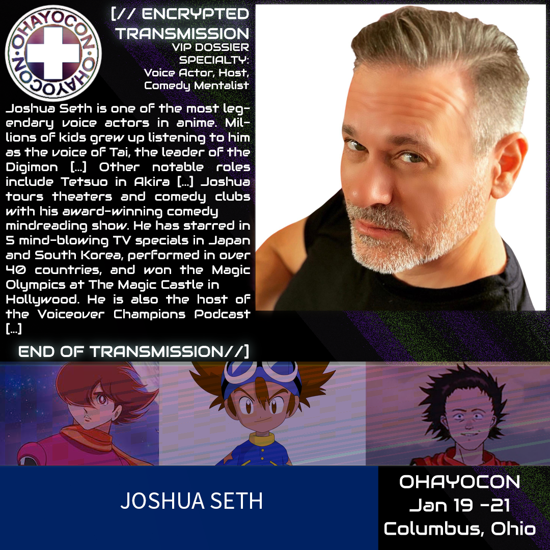 A promotional image for Joshua Seth. The characters Tai from Digimon, 009 from Cyborg Soldier 009, and Tetsuo from Akira are included. 